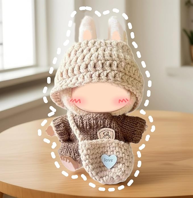 3-Piece Knit and Plush Doll Outfit Set for 17cm Collectibles - Handmade Crochet Set (Hat+Sweater+Bag) - No Doll Included