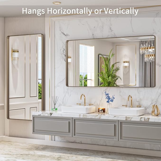 LOAAO 60"X30" Bronze Bathroom Mirror | Rounded Rectangle, Brushed Bronze Metal Frame, Anti-Rust, Tempered Glass, Hangs Horizontally or Vertically