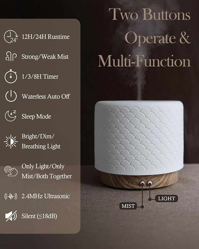 280ml Ceramic Ultrasonic Aromatherapy Diffuser | Cool Mist Humidifier for Large Rooms, Auto Shut-Off, Quiet Sleep Mode & 3 Timer Settings – Ideal for Home, Office, Spa, Yoga, and Bedroom