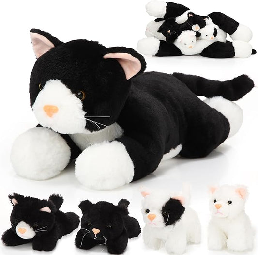 Skylety 5 Pieces Cat Stuffed Animal with Babies Inside Belly Plush Cat Pregnant Mommy Kitty with 4 Cute Fluffy Stuffed Kittens Christmas Birthday Surprise Gifts(Black, White)