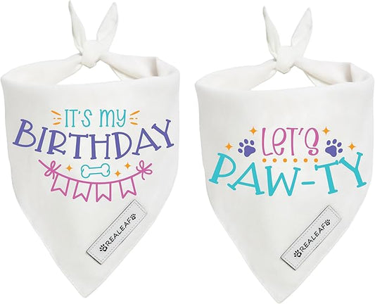 Realeaf Birthday Dog Bandanas 2 Pack (White, Large)