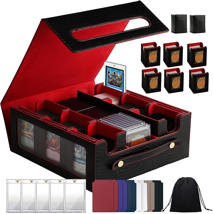 9IN1 MTG Deck Box with Handle, Fits 1000 Trading Cards or 8 Commander Decks, Premium Black Red Leather TCG Storage Case with 8 Removable Trays and 10 Dividers, Compatible with Magic, Yu-Gi-Oh!
