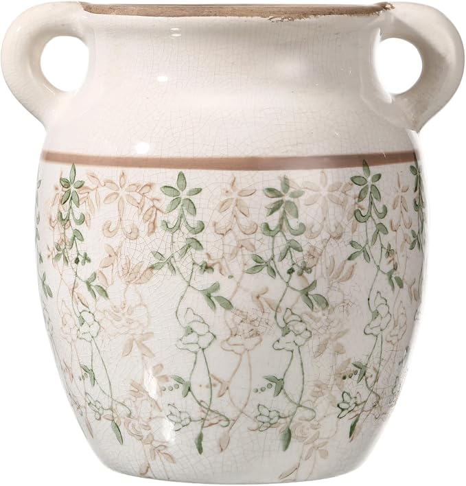 LemonRoad Vintage Planter Large Ceramic Plants Pot Beige Chinoiserie Floral Cottage Scroll Vase Flower Pot Indoor Home Farmhouse Kitchen Antique Decorative Gifts(Green Leaf Vine,7.7 Inch)