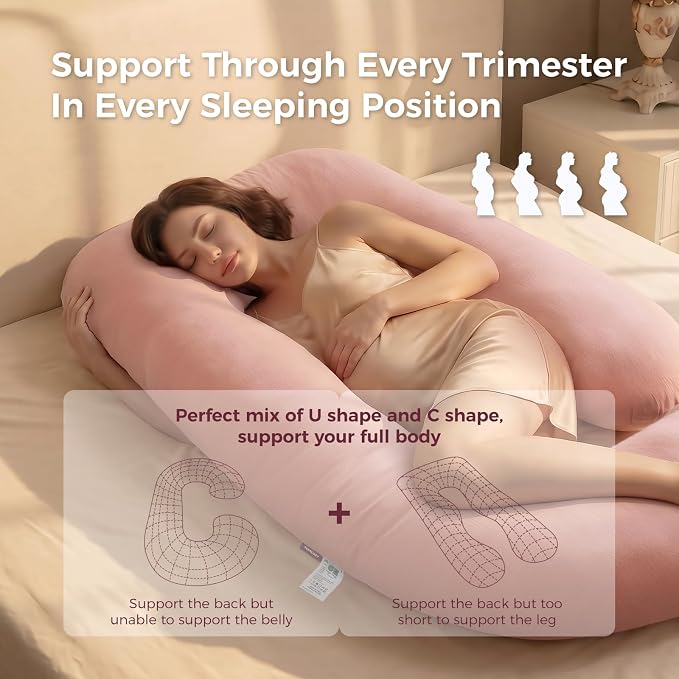Momcozy Pregnancy Pillows for Sleeping, U Shaped Full Body Maternity Pillow with Removable Cover - Support for Back, Legs, Belly, HIPS for Pregnant Women, 57 Inch Pregnancy Pillow, Cotton Pink
