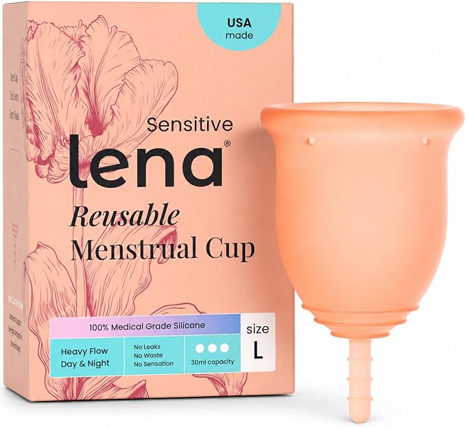 Lena Sensitive Menstrual Cup - Ultra Soft Medical-Grade Silicone Period Cups for Women Heavy Flow, Beginner-Friendly, Reusable 12-Hour Leak-Free Comfort & Feminine Care - Large, Coral