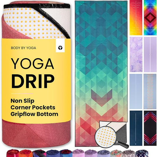 Yoga Drip Hot Yoga Towel – Non Slip Yoga Mat Towel with Corner Pockets, Silicone Grip Dots & Subtle Alignment Lines | Sweat Absorbent, Moisture Wicking, Quick Dry | No Bunching or Sliding | 72” x 26”