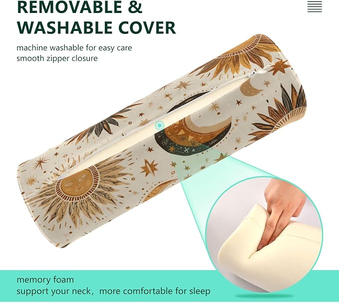 Brown Boho Sun Moon Neck Roll Pillow Bolster Round Health Memory Foam Long Cervical Cylinder Pillows with Removable Washable Cover for Body Bed Legs Back Yoga