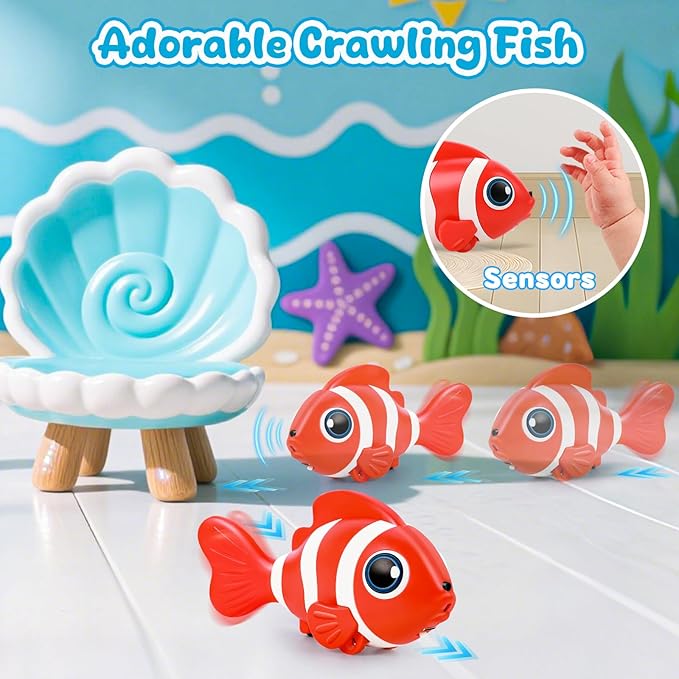 Crawling Fish Baby Toys, Novelty Tummy Time Toys for Babies 6-12 Months, Magic Swinging Fish Music Crawling Toys for Infant Toddler 12-18 Learning Crawl Walking Dancing 1st Valentines Days Gift