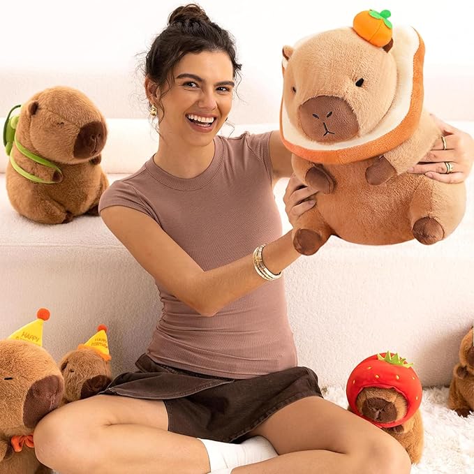 Ditucu Cute Orange Capybara Plush Pillow with Wearable Toast Headgear Stuffed Animal Bread Capibara Plushies Toys Gifts for Kids Brown 13.7 inch