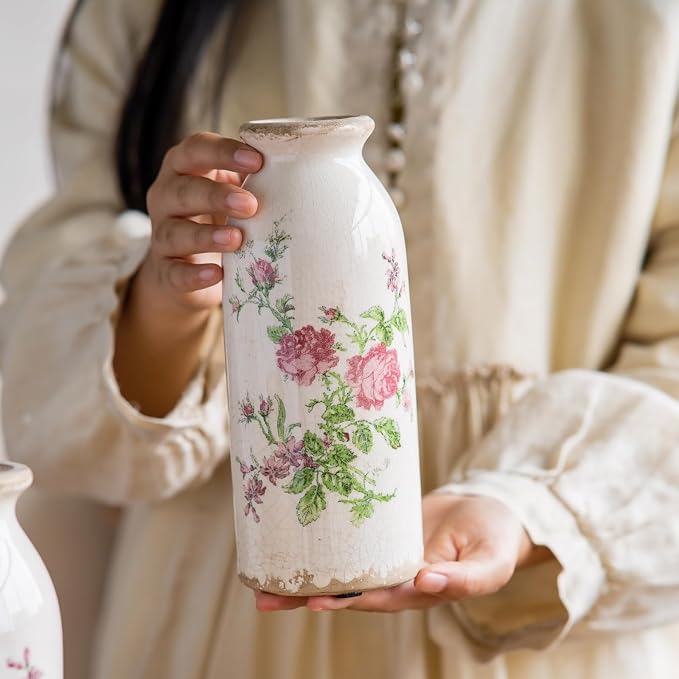 Vintage Rose-Floral Small Ceramic Vase Set, Retro Rustic Farmhouse Cute Flora Vase Gift, Art Décor for Your Home, Kitchen, Bedroom, Office, Living Room, Bathroom & Shelf Centerpiece Table Decorations
