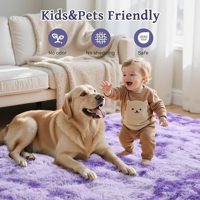Purple White Rug Fluffy 4x6 Bedroom Rugs Girls,Plush Soft Fuzzy Area Carpet Non Slip for Living Room Nursery Kids Girlie Elegant Home Decor Aesthetic