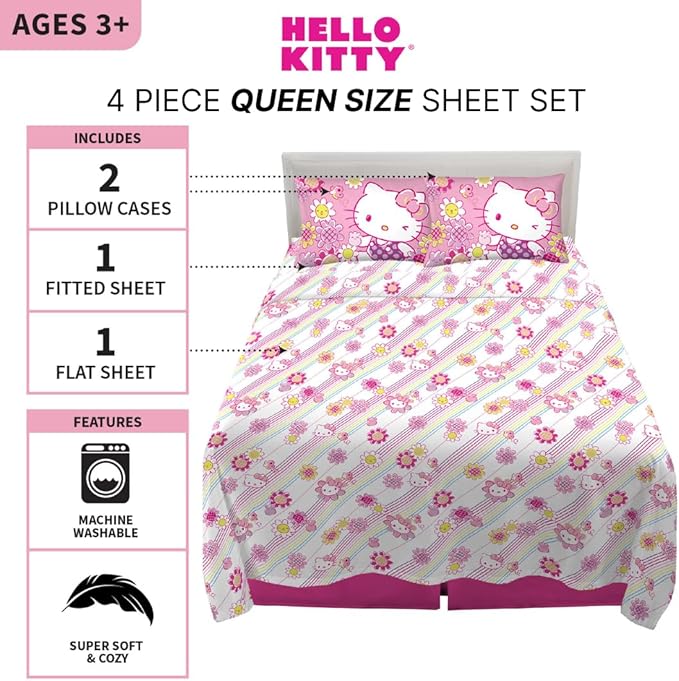 Hello Kitty Bedding Super Soft Microfiber Sheet Set, Queen, Hello Kitty, (Officially Licensed Product) By Franco