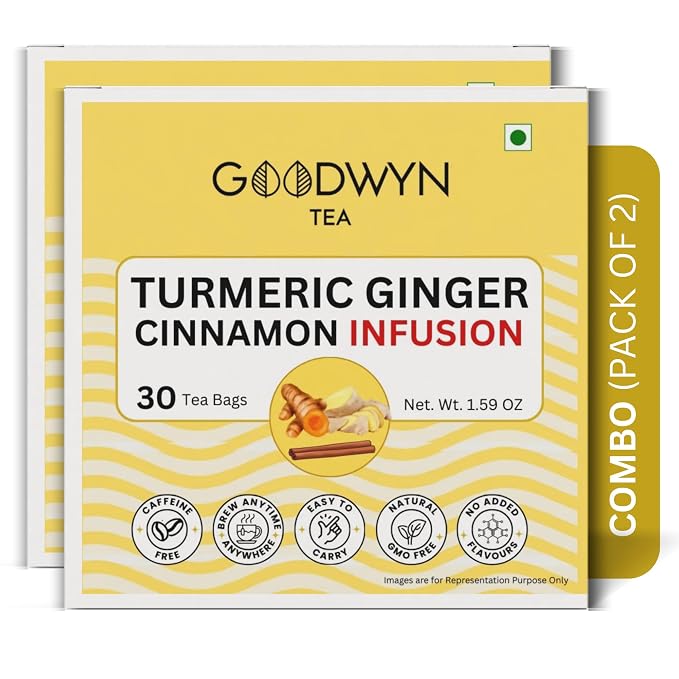 Goodwyn Turmeric Ginger Cinnamon Tea (60 Tea Bags) | Herbal Spice Blend | 100% Natural Ingredients | Caffeine Free | Plastic Free Tea Bags | Warming & Aromatic | Golden Turmeric Tea | Perfect Hot or Iced | Premium Herbal Infusion for Daily Enjoyment
