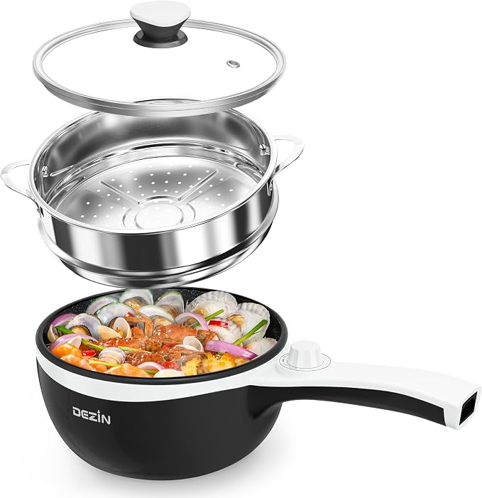 Dezin Hot Pot Electric with Steamer, 1.5L Non-Stick Portable Electric Pot | Dual Power, Upgraded 700W Electric Pot for Cooking Steak, Egg, Oatmeal, Ramen Cooker for Dorm, Travel, RV, Office, Black Pan
