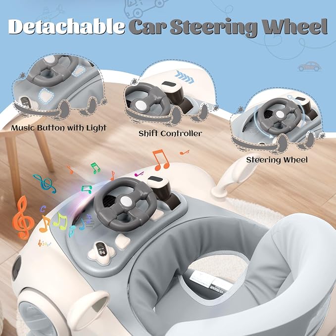 Baby Walker, 4-in-1 Baby Walker with Wheels Portable, Foldable Infant Toddler Walker for Boys Girls 6-18 Month,Removable Footrest,Car Steering Wheel & Music, Adjustable Push Walker Grey