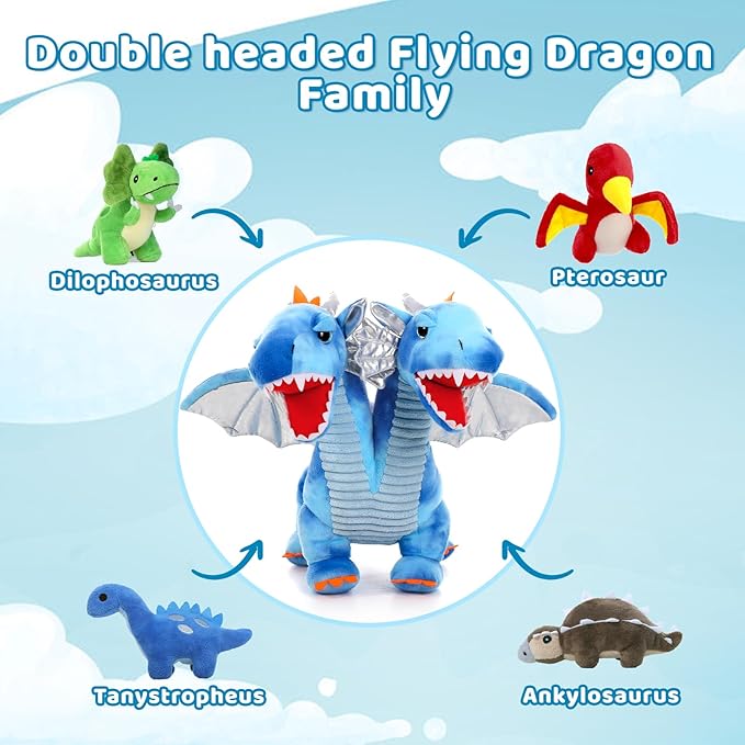 Tezituor Double Headed Dragon Stuffed Animals, 5 PCs Stuffed Dinosaur Plush Toys Set, Mommy Dragon with 4 Baby Dinosaurs Plushies Inside,Dino Gift for Girl Boy, 20 inch