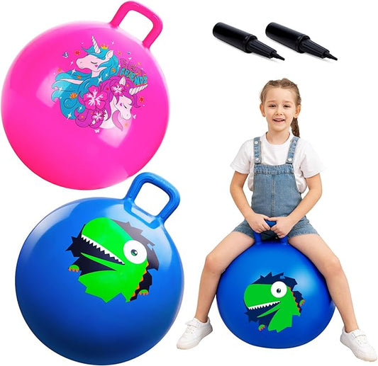 ZOOJOY Hopper Ball 2 Pack, 18 in Hopping Balls for Kids 3-8, Bouncy Ball with Handle for Boys & Girls Indoor Outdoor Play, Inflatable Bounce Hippity Hop Toys with Pump(Dinosaur & Unicorn)