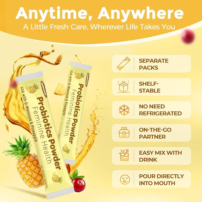 ZEBORA Probiotics for Women, Vaginal Probiotic Powder with 50 Billion CFU 16 Strain, Prebiotics, D-Mannose & Cranberry for Urinary Health, Digestive & Immune Support, Pineapple Flavor, 30 Packets