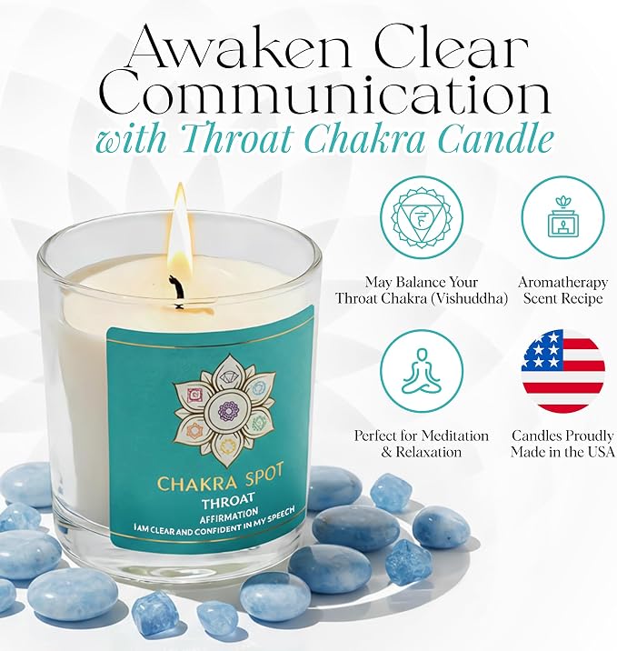Spiritual Candle Relaxing - Vishuddha Throat Chakra for Communication Self Expression, Calming Aromatherapy with Eucalyptus, Camphor, Chamomile, Sage Oil, Beeswax & Coconut Wax - 8oz