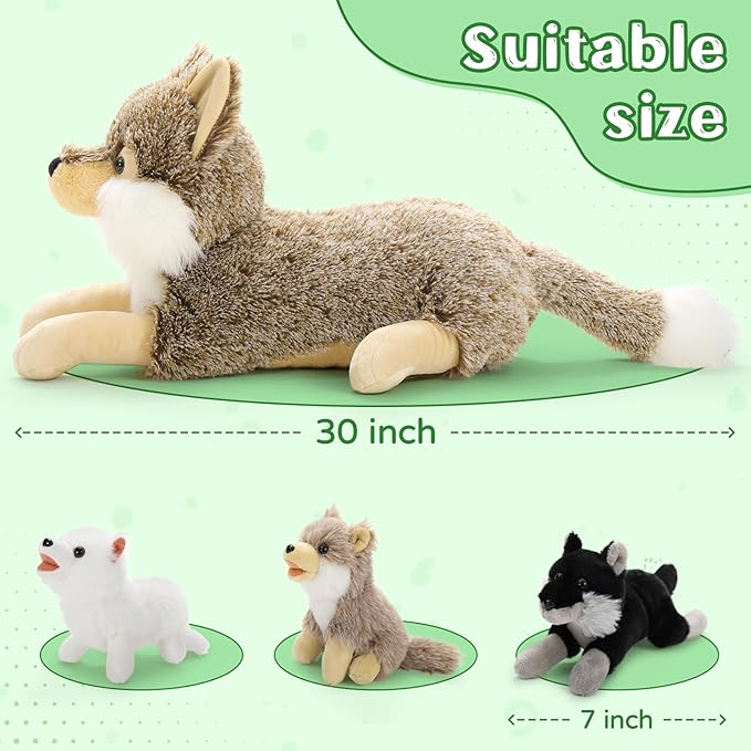 Tezituor 4Pcs Realistic Wolf Stuffed Animals Set, 20 Inch Large Mommy Stuffed Wolf Plush with 3 Baby Wolves Toy, Soft Gray Wolf Plush Pillow Gift for Boys Girls