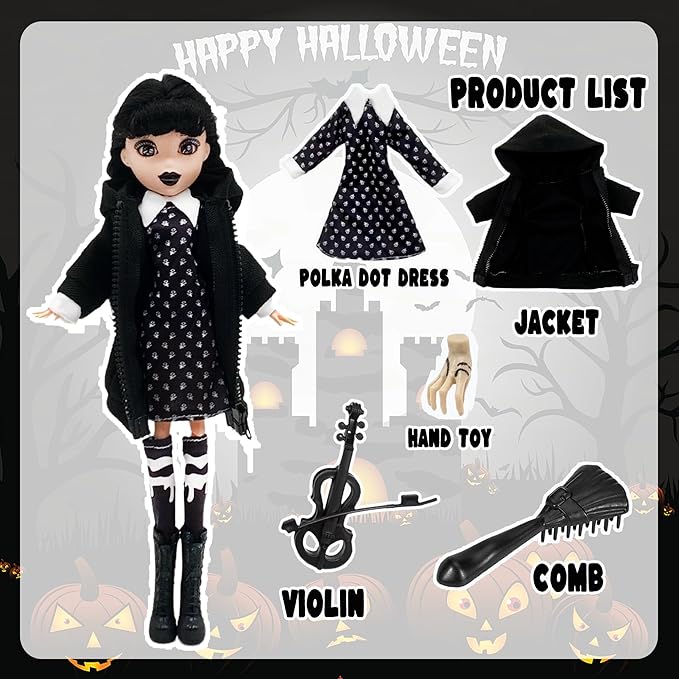 Dumwick 9'' Adams Doll with Gift Box, High Heels, Black Dress, and Hair, Perfect Christmas and Birthdays Toy Gift for Girls & Fans (NEW C)