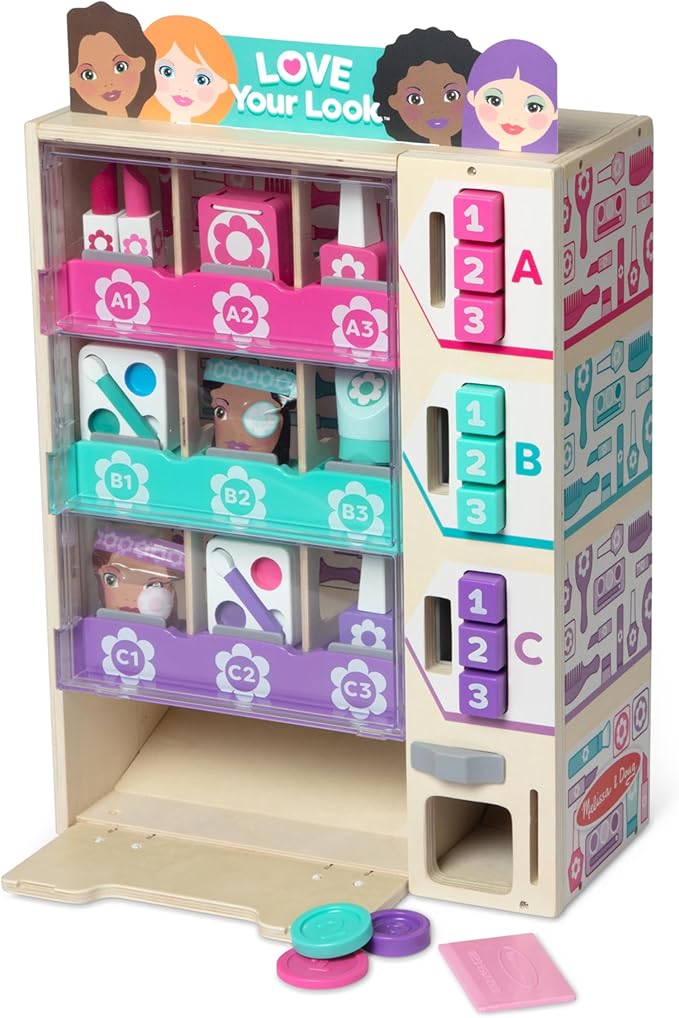 Melissa & Doug Sort, Stock, Select Beauty Kiosk Vending Machine Play Set, Pretend Makeup Wooden Toy for Boys and for Girls 3+ - FSC Certified