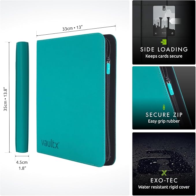 Vault X 12 Pocket Zip Binder, 480 Cards, Exo-Tec Material, 20 Side-Loading Pages (Teal)