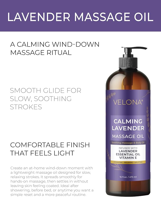 velona Lavender Massage Oil – 16 Fl Oz | Vitamin E & Lavender Essential Oil | Relaxing, Refreshing, Uplifting, Moisturizing Therapy Body Oil | Professional Spa & Home Massage