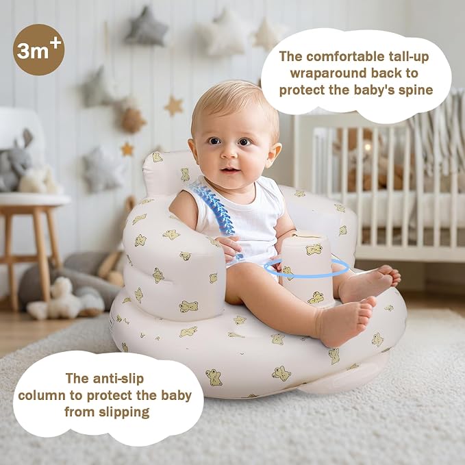 AirSwim Inflatable Baby Seat, Inflatable Baby Chair for Babies 3 Months and Up Summer Baby Inflatable Seat for Sitting Up, Blow Up Baby Floor Seat with Built in Air Pump, Bear