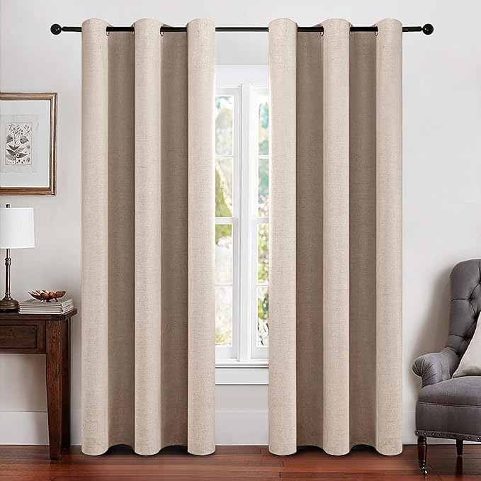 MIULEE 100% Blackout Linen Texture Curtains Soild Thermal Insulated Natural Beige Curtains Grommet Room Darkening Curtains & Drapes for Living Room Bedroom 42 x 84 (2 Panels)