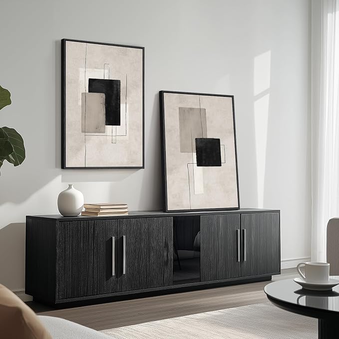 Large Framed Neutral Black Beige Abstract Wall Art Set of 2, Modern Canvas Prints Paintings Artwork for Walls, Minimalist Block Lines Pictures for Living Room Dining Room Bedroom Wall Decor 20x30 In