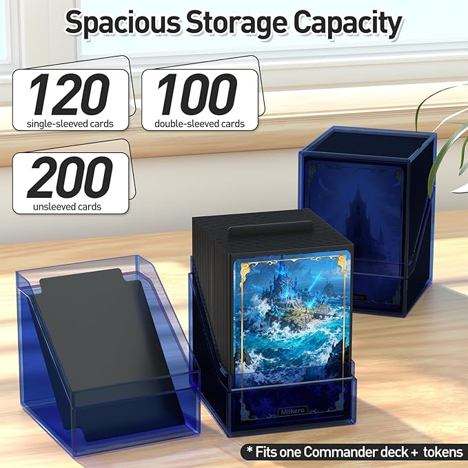 Mlikero Card Deck Cases, Acrylic Commander Deck Box Holding 100+ Sleeved Cards with Dividers, Clear Card Storage Box Fit for MTG, TCG, Sports Cards (Dark Blue)