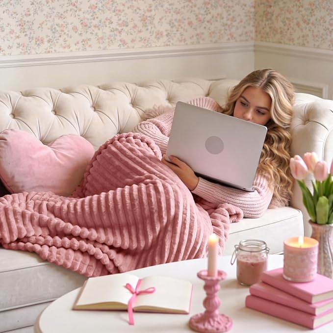 BEDELITE 3D Ribbed Jacquard Pink Fleece Throw Blanket for Couch, 50x60 Inch | Soft Warm Decorative Fluffy Blanket, Cozy Plush Lightweight Fuzzy Throw Blanket for Bed Sofa Home Room Decor, Gift for Women
