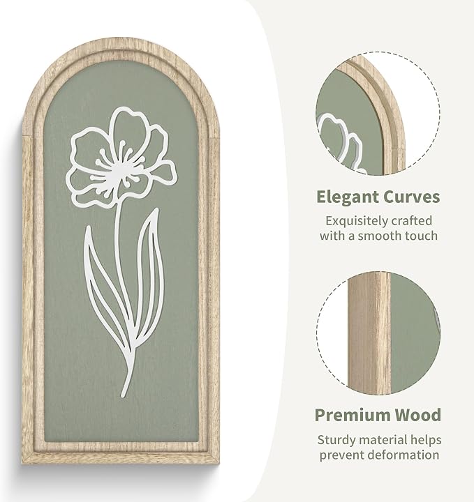Sage Green 3D Wooden Floral Wall Art Set of 2, Arched Bathroom Wall Decor | Raised white floral cutouts in arched wood frames; ready-to-hang boho botanical decor for bedrooms, hallways and entryways