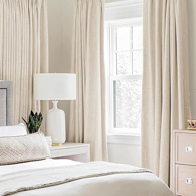 MIULEE 100% Blackout Linen Textured Curtains for Bedroom Solid Thermal Insulated Cream Beige Grommet Room Darkening Curtains & Drapes Luxury Decor for Living Room 52 x 63 Inch (2 Panels)