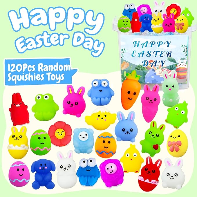 Easter Party Favors, 120Pcs Squishies Toys for Kids, Mochi Squishy Bulk, Kawaii Mini Squeeze Toys, Easter Basket Stuffers, Egg Fillers, Classroom Prizes for Boys Girls(Random)