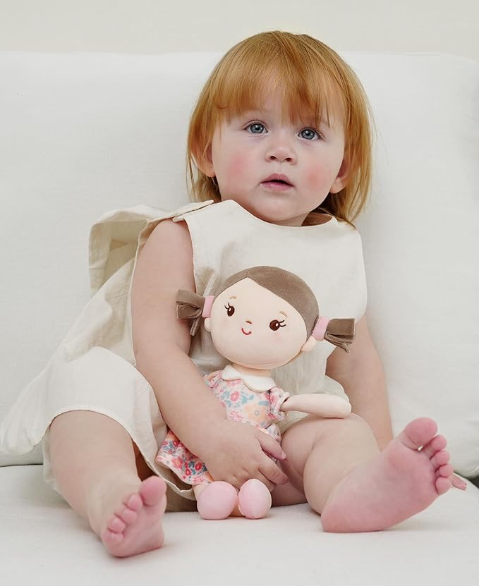 Soft Plush Baby Doll for Girls (12") - My First Baby Doll Gift for Girls, Toddlers & Infants, Machine Washable Rag Doll Toy - Pink Flower Girl