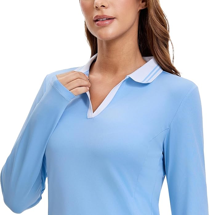 MathCat Womens Golf Shirts, Long Sleeve Polo Shirts Collared V Neck Tennis Shirts Breathable Athletic Tops