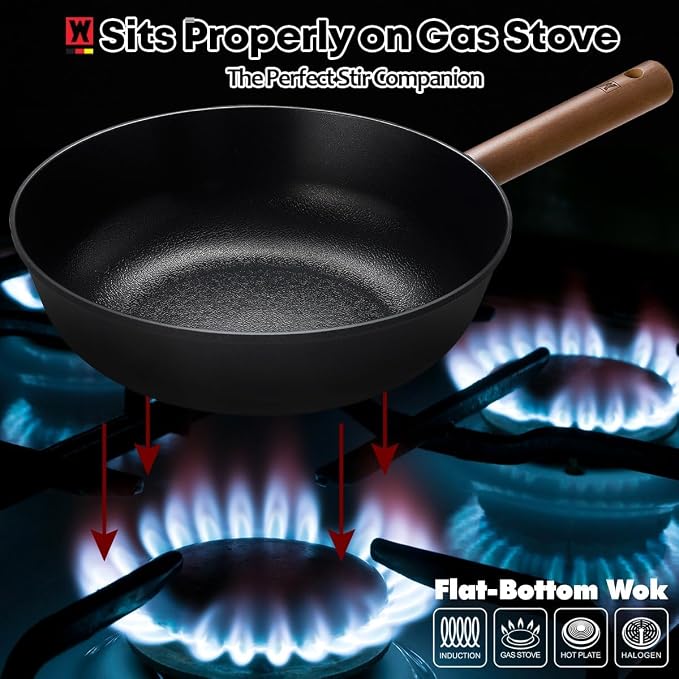 Wagensteiger Aluminum Body Flat Bottom Wok, Restaurant & Business Grade Fry Pan Titanium Coated Non-Stick Surface, Wooden Handle, Made in Korea, Deep Large Skillet, Black(17.91"L x 11.22"W x 3.15"H)