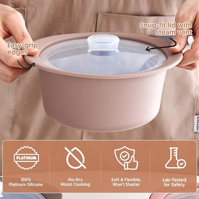 40oz Platinum Silicone Microwave Steamer Pot with Handle & Lid - Korean 100% Food-Grade Steamer Bowl, Heat-Resistant Cooker with Steam Holes, Easy Clean, Dishwasher Safe, Taupe Brown