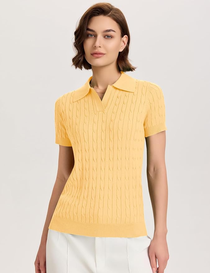 Micoson Womens Short Sleeve Sweater Tops Lapel V Neck Polo Shirts 2026 | Summer Cable Knit Loose Blouses, Business Casual Outfits