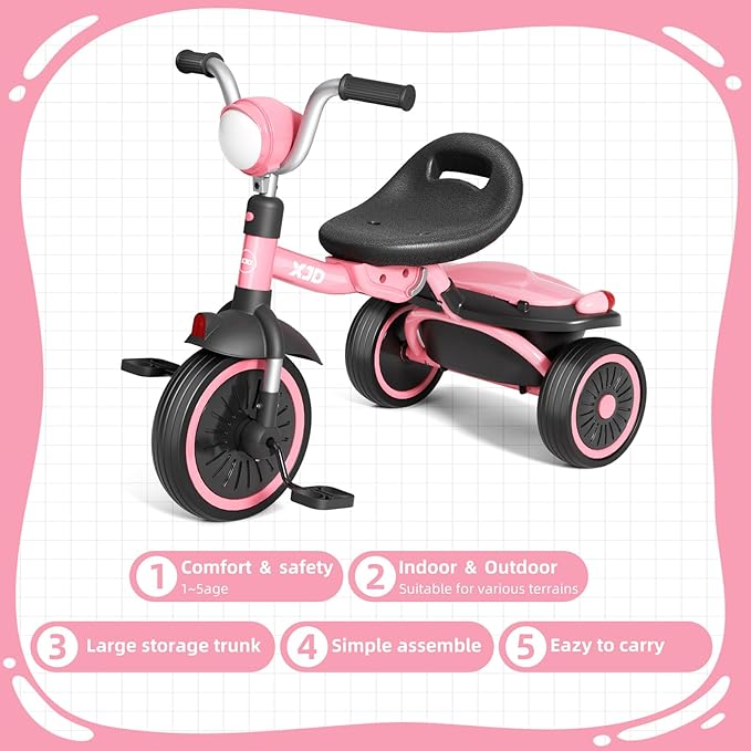 XJD Toddler Tricycle, Foldable Toddler Bike with Pedals, Tricycle for 2-5 Year Olds, Adjustable Comfortable Seat, Christmas Birthday Gifts for 1-5 Years Old Boys and Girls (Pink)