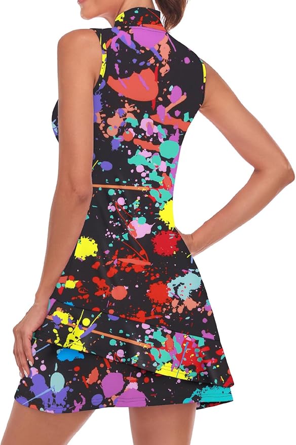 Viracy Tennis Dress for Women Sleeveless Golf Dresses with Shorts and Pockets Ruffle Zip Up Stand Collar Golf Outfits