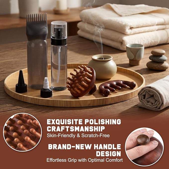 ProSuites 6 in 1 Set Wooden Head Scalp Massager Comb Tool Hair Gua Sha Comb with 6 OZ Hair Oil Applicator Bottle Spray Bottle for Relaxation