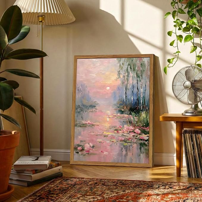 Framed Vintage Monet Canvas Wall Art, Pink Water Lilies Floral Pictures Wall Decor, Impressionist Sunset Landscape Paintings Prints Nature Aesthetic Artwork for Living Room Bedroom 12x16 inch