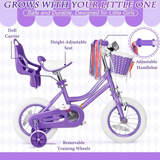 KORIMEFA Girls Bike for Ages 2-8 Years Toddler Kids with Doll Seat, 12 14 16 Inch Bicycle with Training Wheels, Little Small Princess Bicycle with Basket& Streamers, Girls Pedal Bike