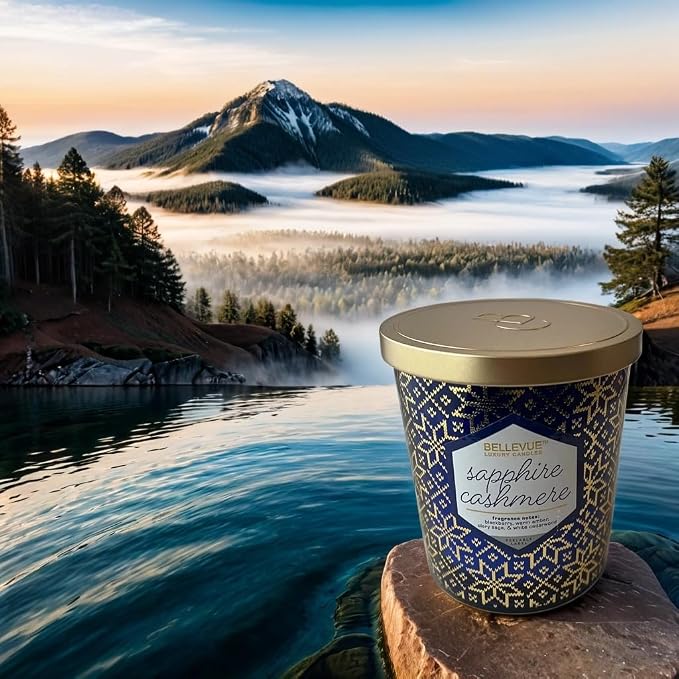Bellevue Luxury Candles, 12 OZ Fragranced Candle, Soy Blend Wax, Essential Oils, Long-Lasting Burn, Home Fragrances, Aromatherapy Home Scented Candles Scent Sapphire Cashmere