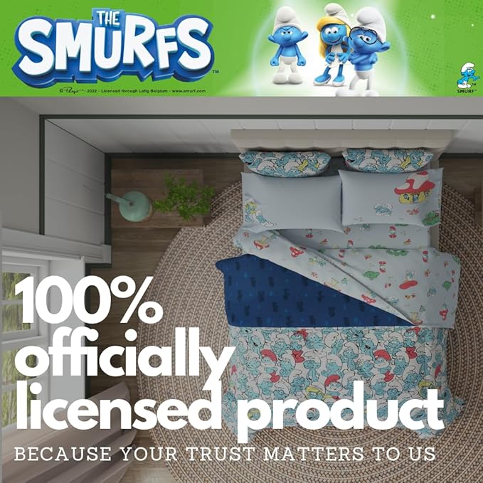 The Smurfs Kids Bedding Super Soft & Cozy Reverisble Microfiber Comforter and Sheet Set with Sham, 7 Piece Queen Size, (Officially Licensed Product) By Franco