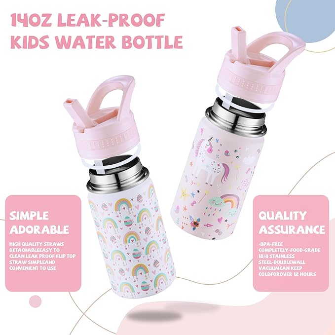 2 Pack Kids Water Bottle,14oz Stainless Steel Insulated Water Tumbler Leak-Proof,School Water Mug,Small and Portable,Suitable for Boys and Girls to Use(White rainbow + Pink unicorn)