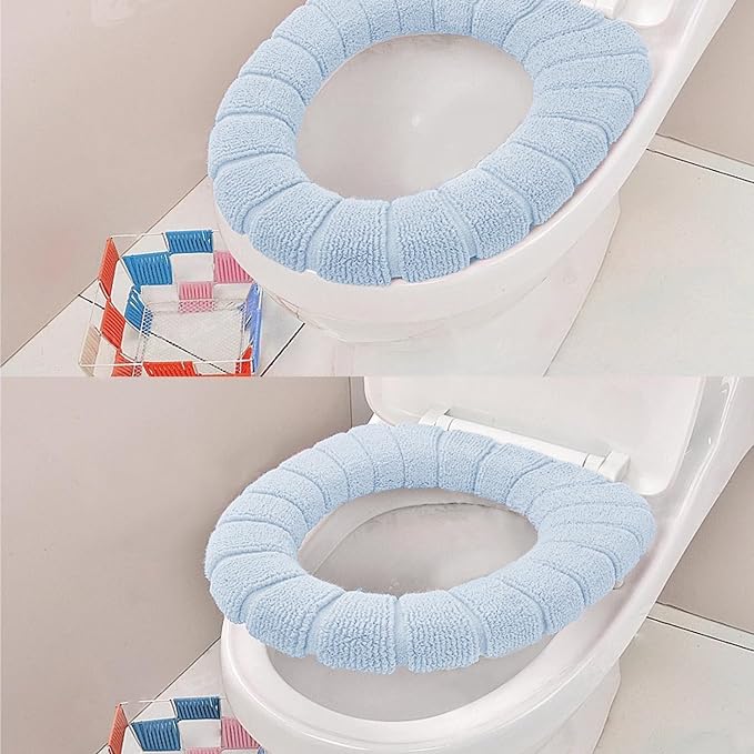 2 PCS Soft Thicker Plush Bathroom Toilet Seat Cover Pads Stretchable Washable Cloth Design for Universal Fit O/U/V/Rectangular Toilets (Blue)